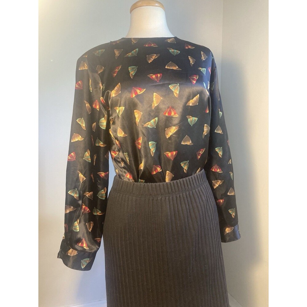 Vintage Equestrian Horse Jockey Hat Print Black Silky Blouse Shirt L Hats